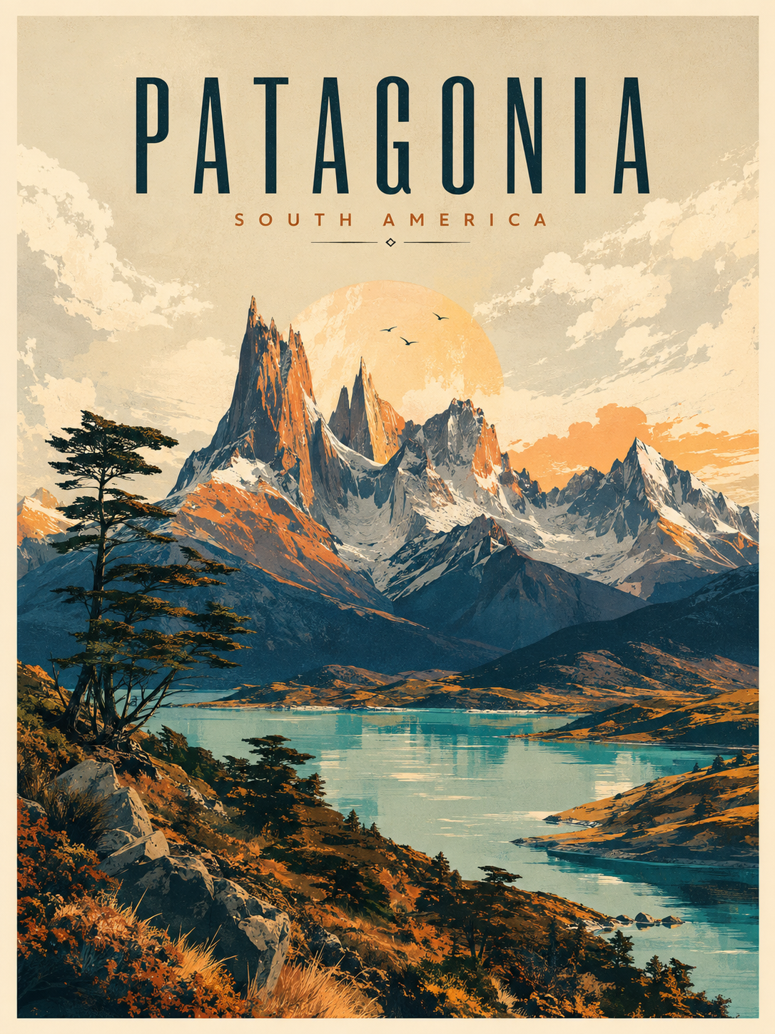 Vintage travel poster art with Patagonia logo, mountain peaks, lake, and large sun