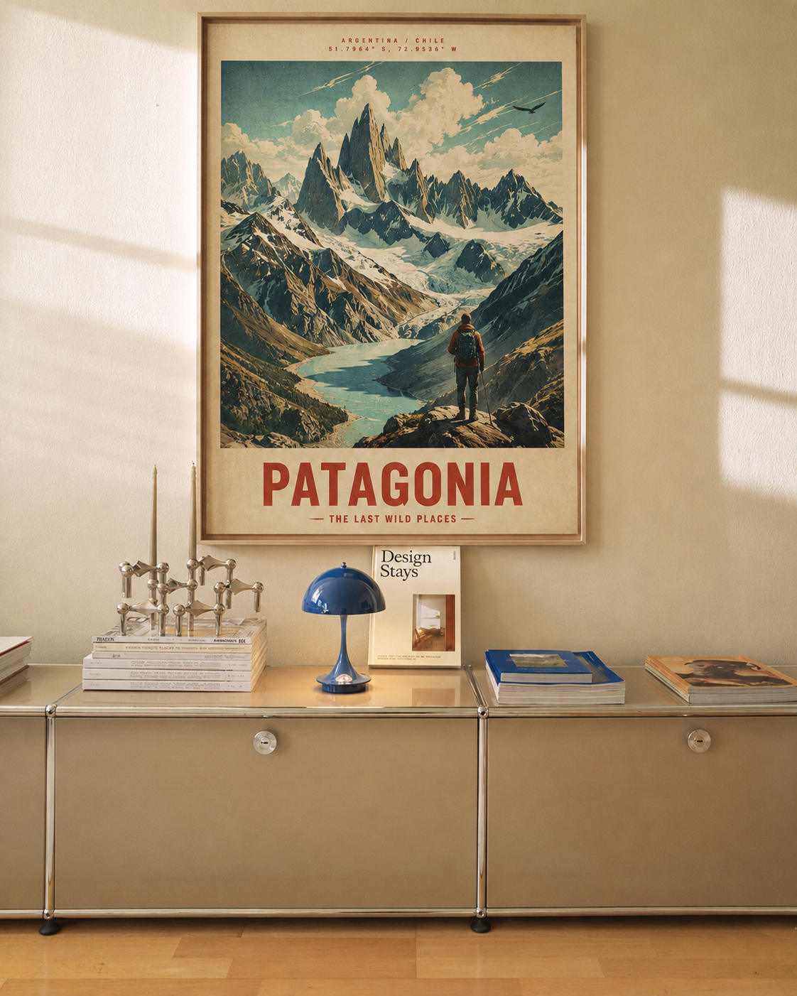 Framed vintage travel poster with mountain and lake landscape, Patagonia text at bottom