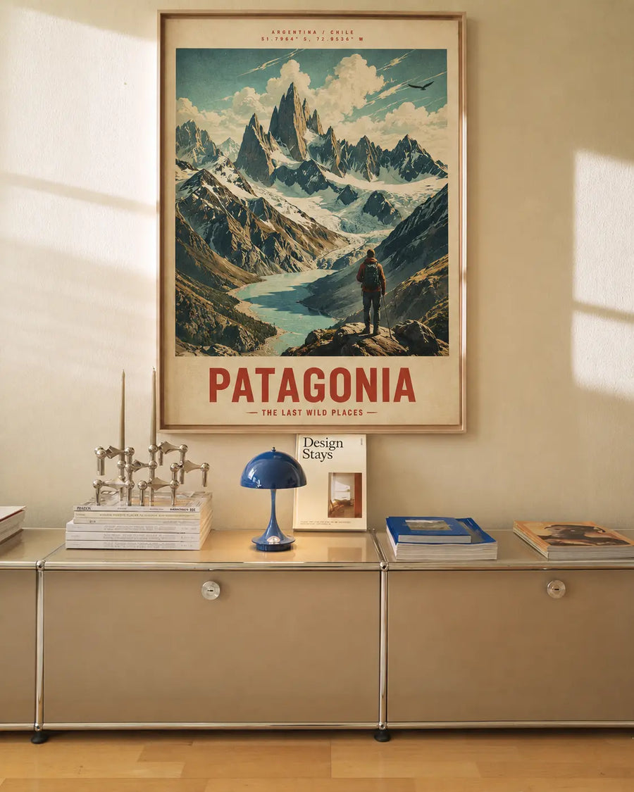 Framed vintage travel poster with mountain and lake landscape, Patagonia text at bottom
