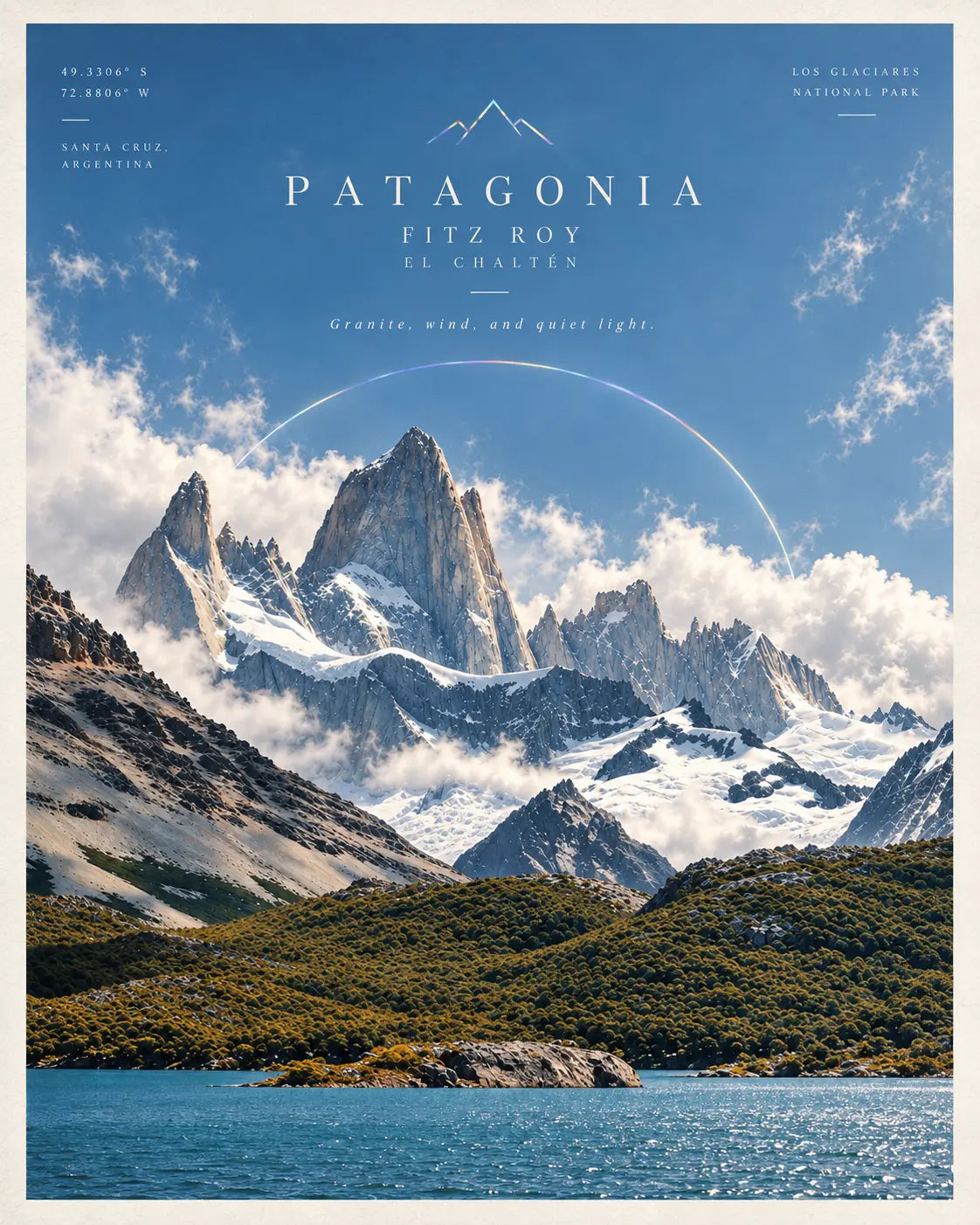 Patagonia Alpine Lake Print displayed in a modern interior with vivid blue skies and dramatic snowy mountain scenery