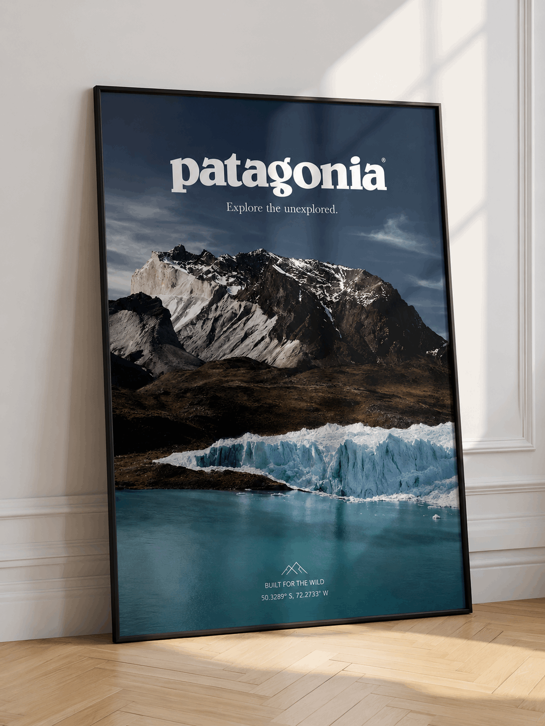 Framed glacier mountain wall art poster with patagonia logo and blue ice landscape.