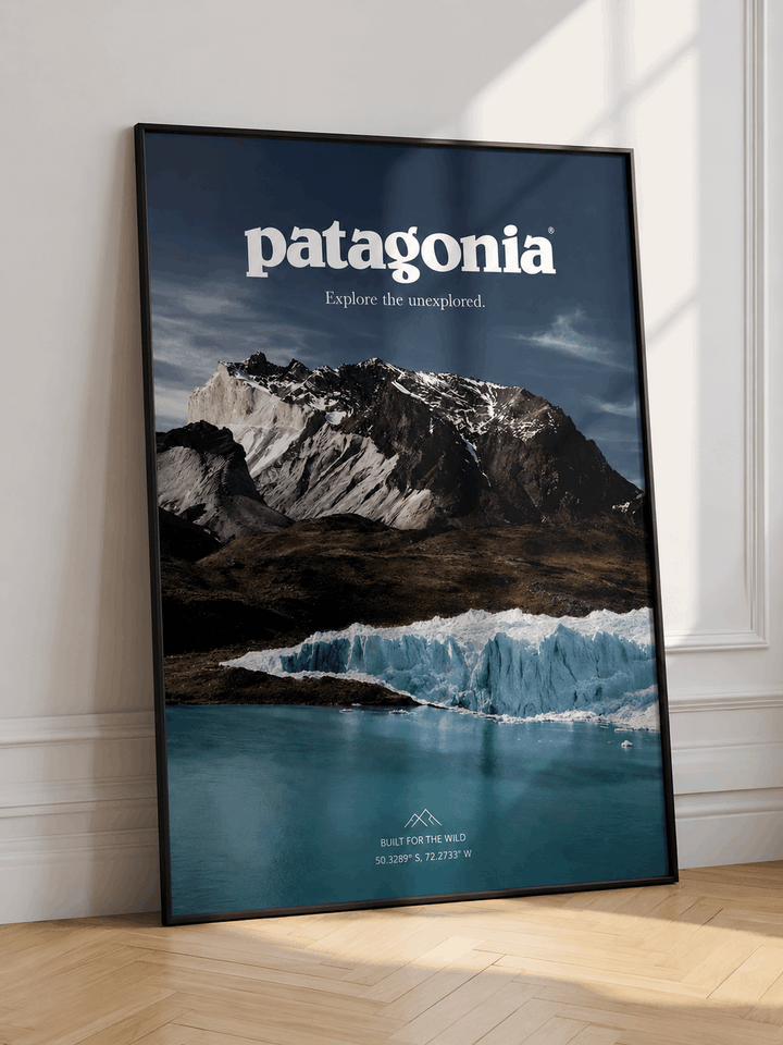 Framed glacier mountain wall art poster with patagonia logo and blue ice landscape.