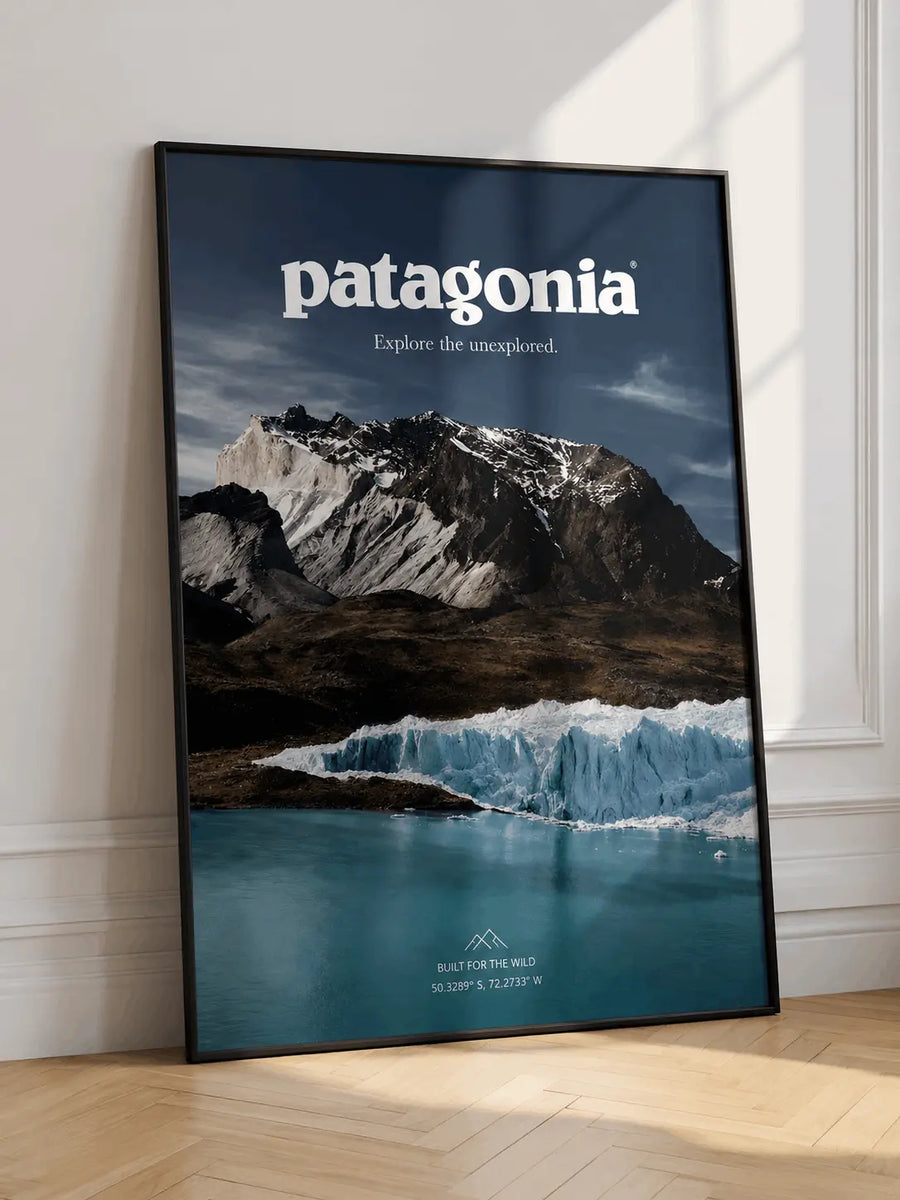 Framed glacier mountain wall art poster with patagonia logo and blue ice landscape.