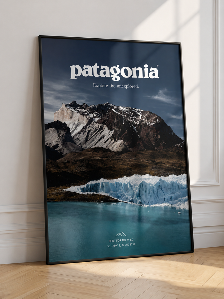 Patagonia glacier mountain wall art poster in black frame, landscape with ice and peaks