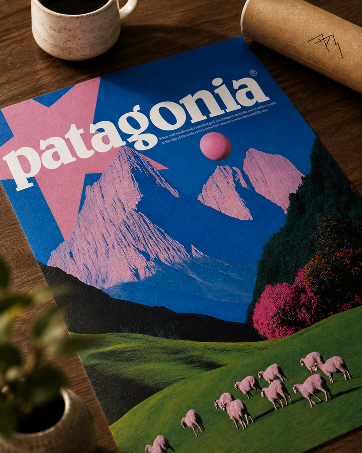Nahaufnahme eines Patagonia Wandbilds mit blauem Himmel, rosafarbenem Planeten, grüner Wiese und Schafen