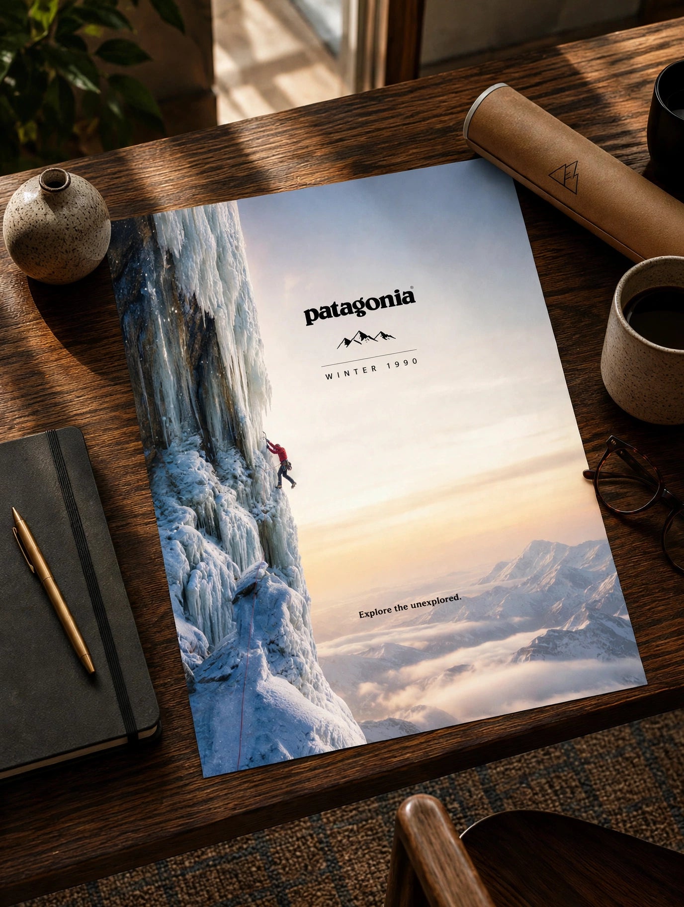 Patagonia alpine mountain poster with dramatic snowy peaks and climbing scene