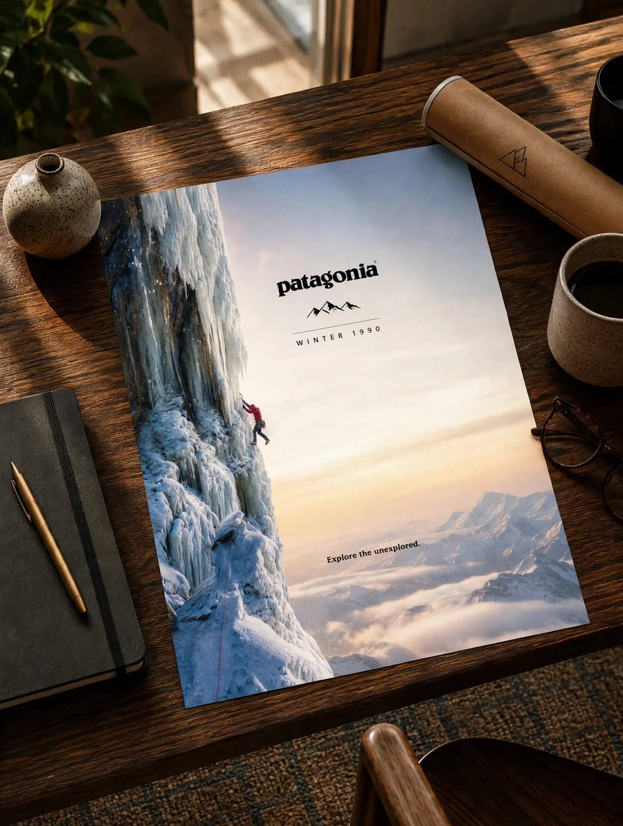 Mountain landscape print on wooden desk, snowy cliff and sunset, Patagonia logo