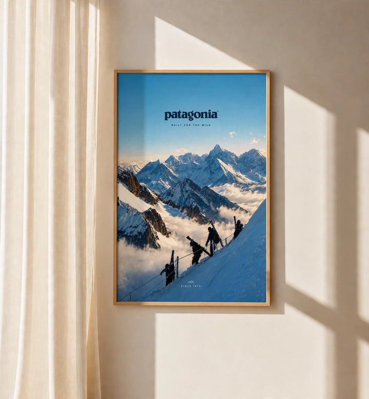 Patagonia Alpine Mountain Oak Frame wall art within a living room with a closer up details