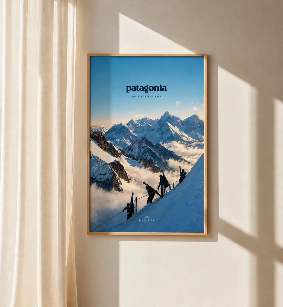 Patagonia Alpine Mountain Oak Frame wall art within a living room with a closer up details