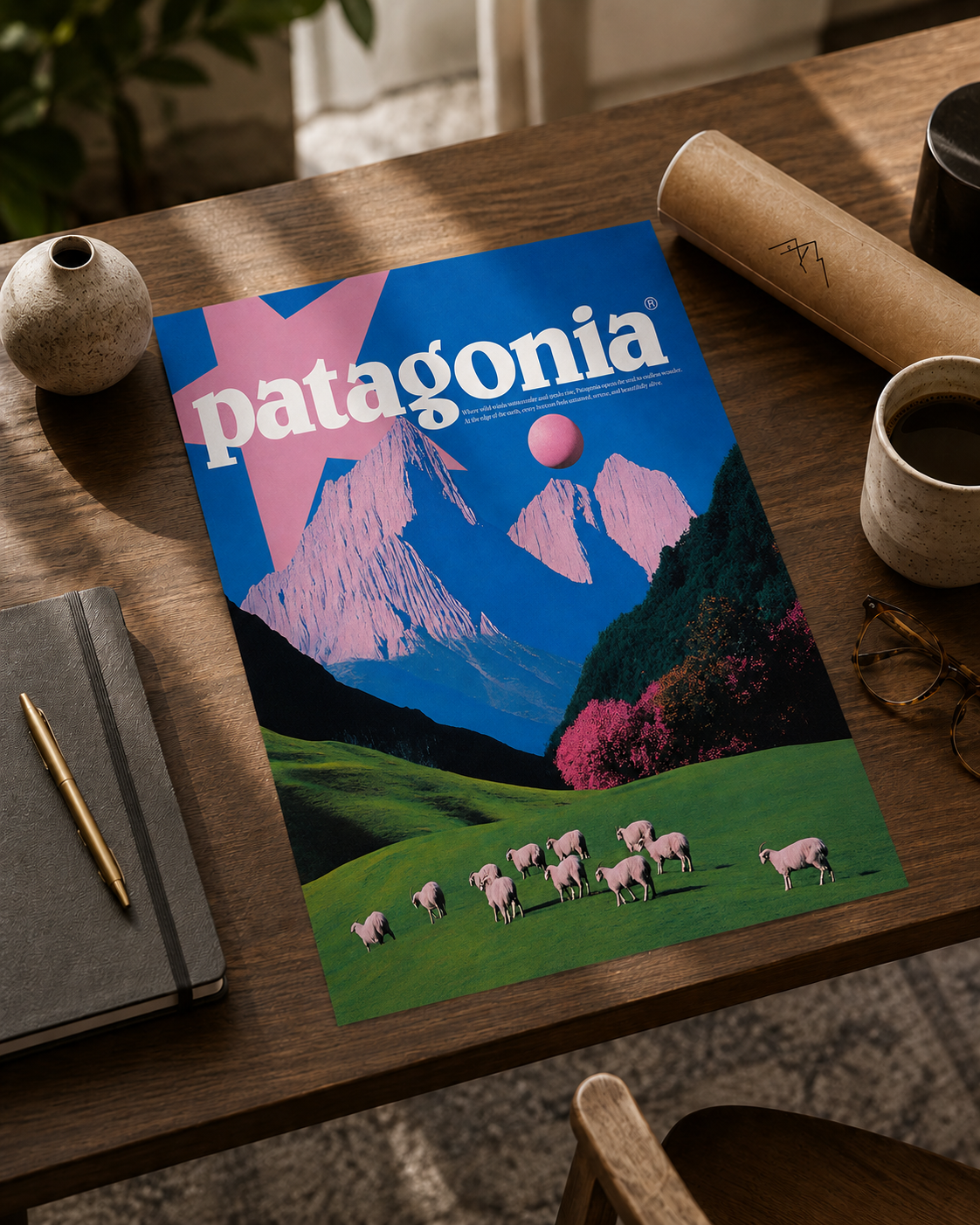 Patagonia wall art poster with blue mountains, pink planet, green grass and sheep.