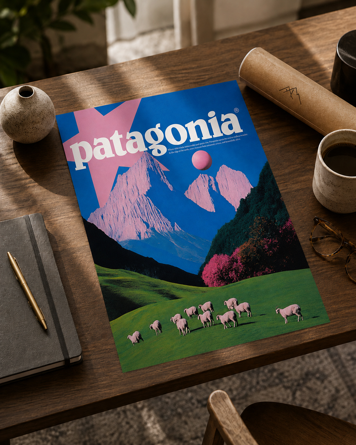 Patagonia Wandbild mit blauen Bergen, rosafarbenem Planeten, grüner Wiese und Schafen