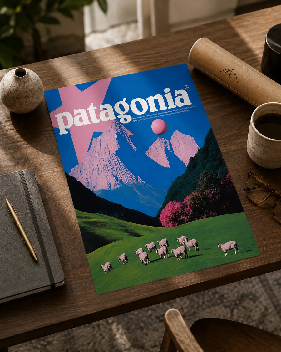 Patagonia Wandbild mit blauen Bergen, rosafarbenem Planeten, grüner Wiese und Schafen