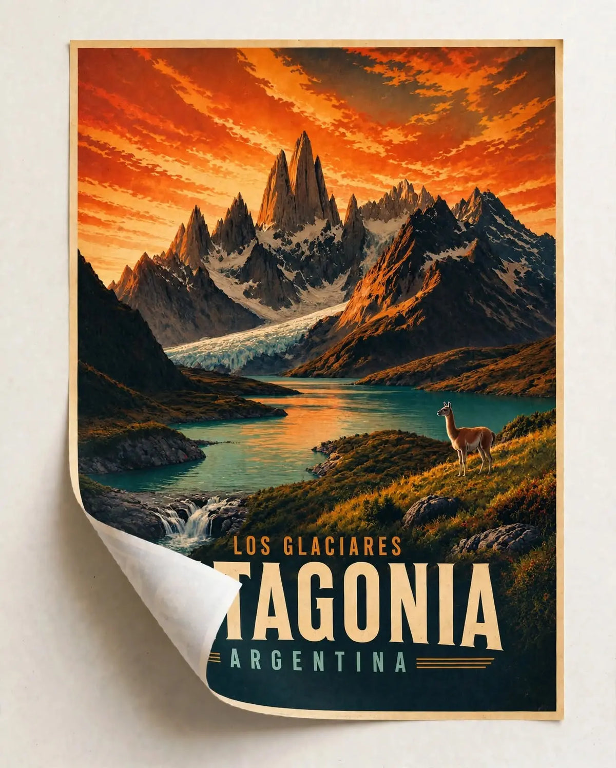 Vintage Patagonia Argentina travel poster with mountains, sunset lake, and llama artwork