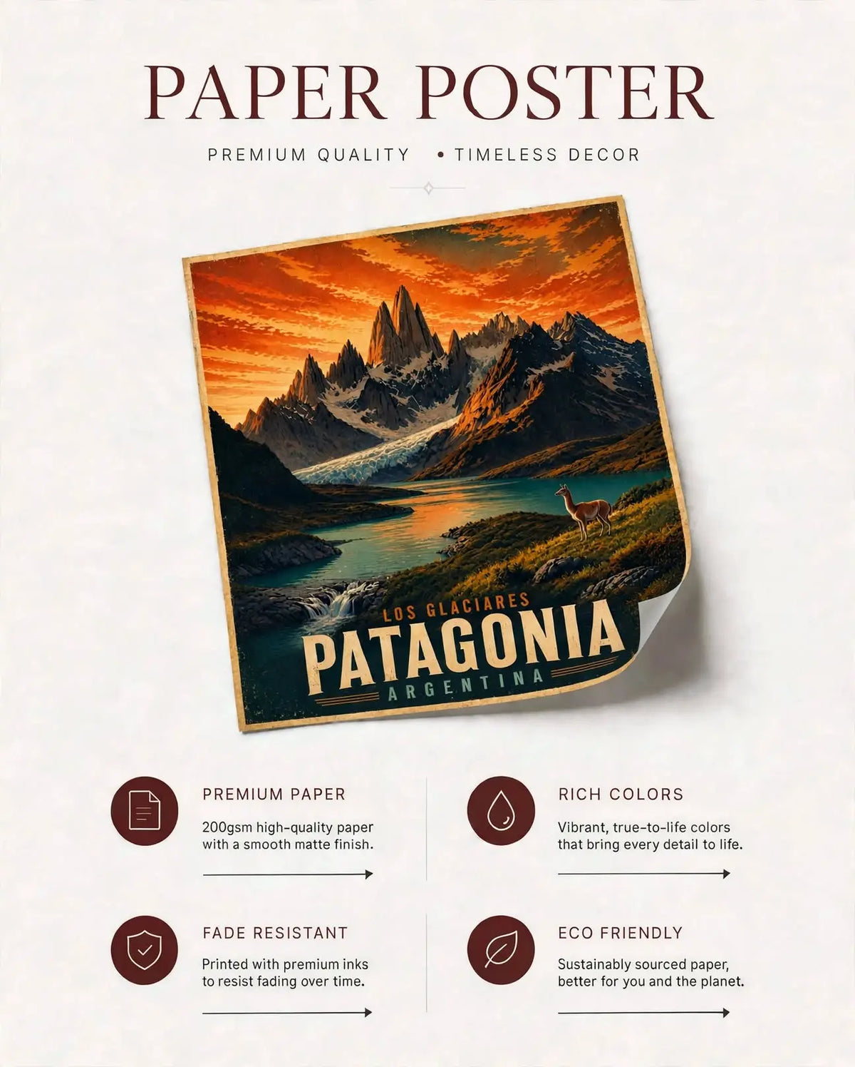 Vintage Patagonia Argentina poster design on paper, featuring mountains, lake, and llama