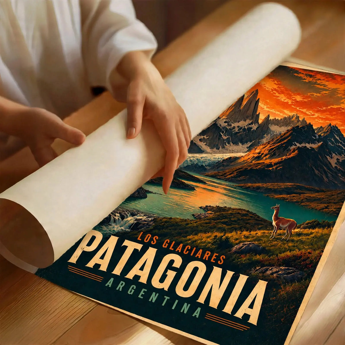 Patagonia Argentina vintage poster being unrolled; mountains, sunset lake, and llama artwork