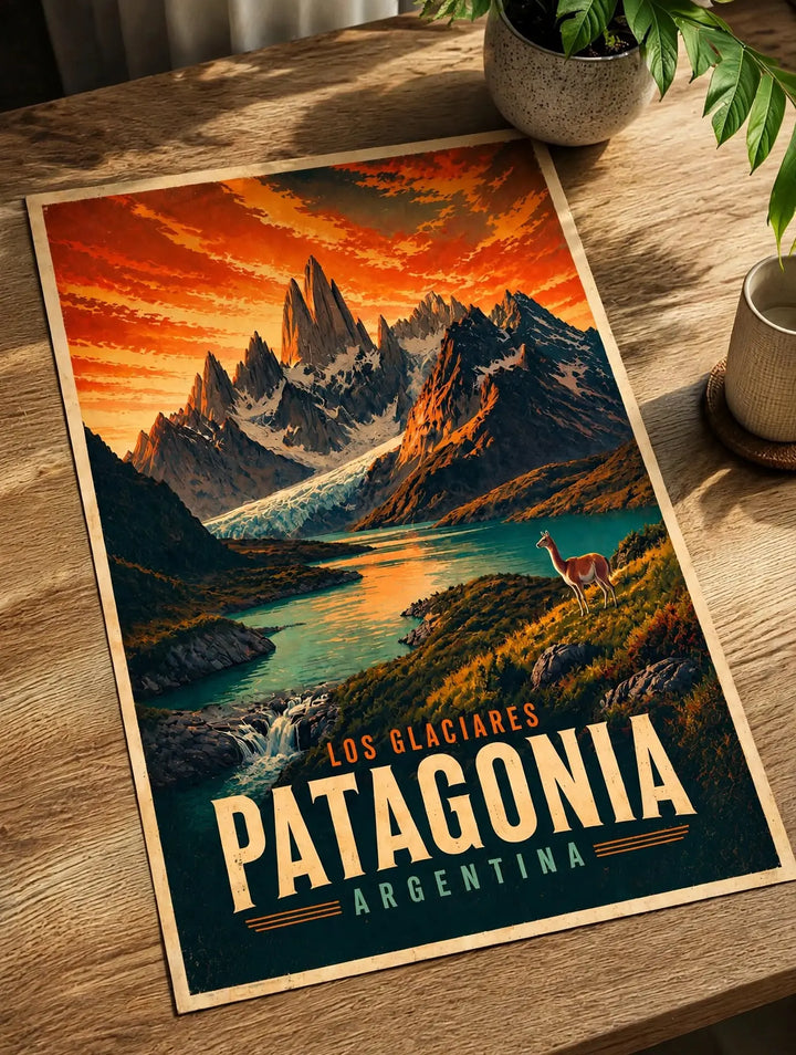 Framed vintage Patagonia Argentina poster with mountains, sunset lake, and standing llama