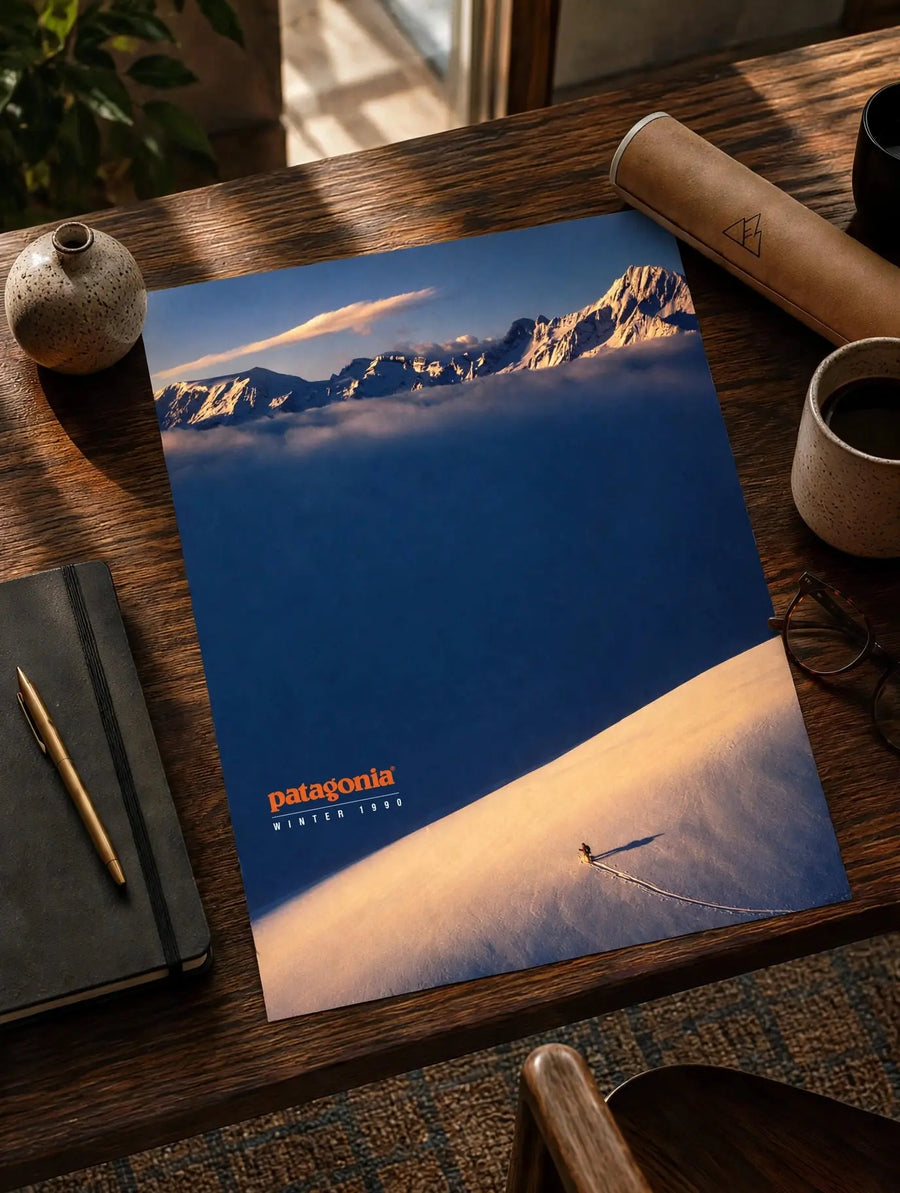 Landscape print with blue mountains at sunset, Patagonia logo in lower left.