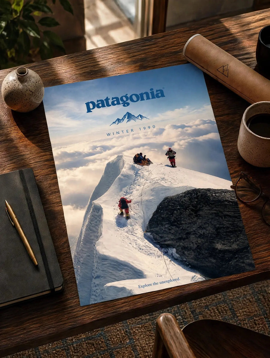 Patagonia Mountain Ridge poster print with winter climbers on snowy ridge