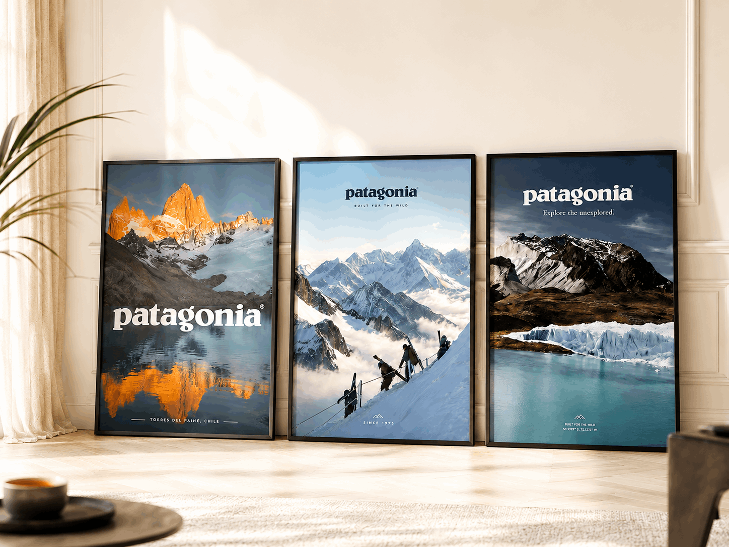 Set of 3 framed mountain posters with Patagonia logo, black frames, landscape scenes