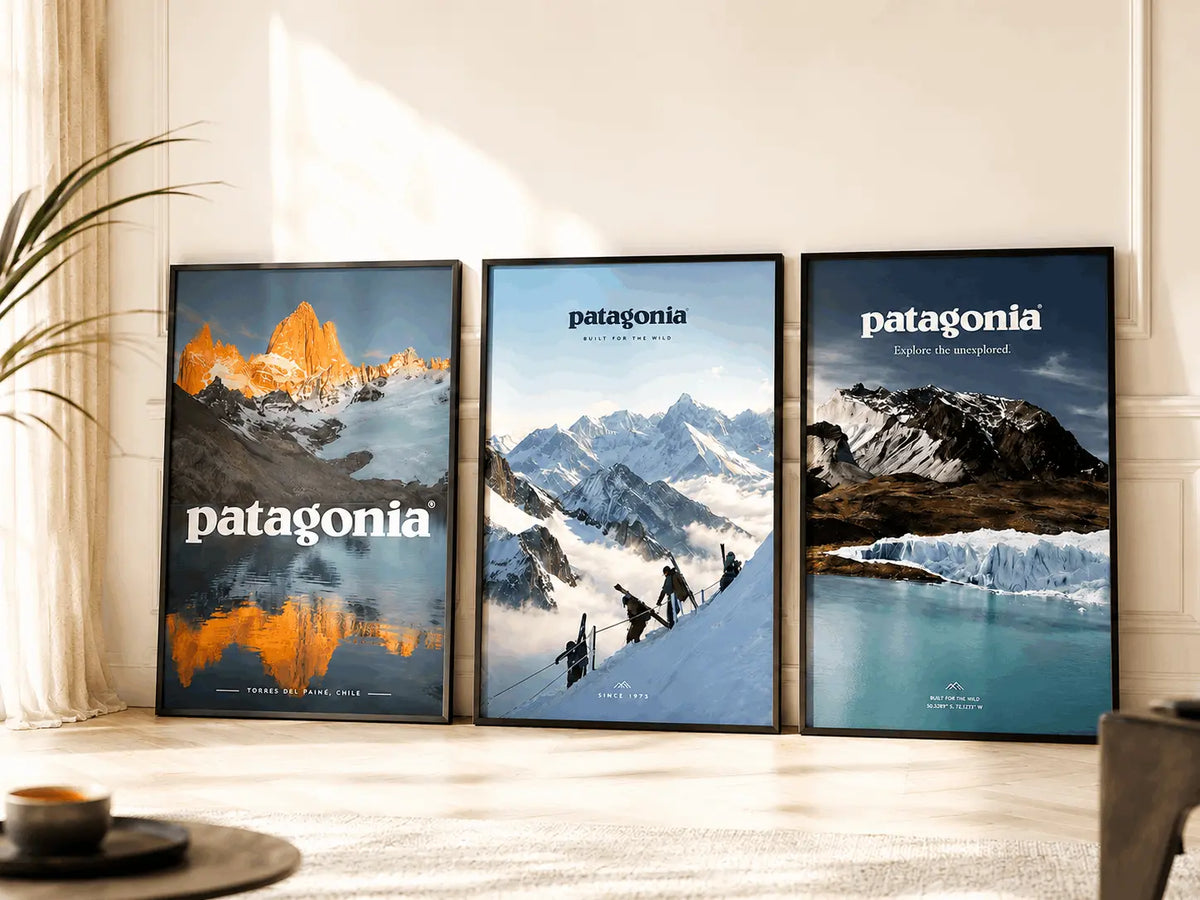 Set of 3 framed mountain posters with Patagonia logo, black frames, landscape scenes