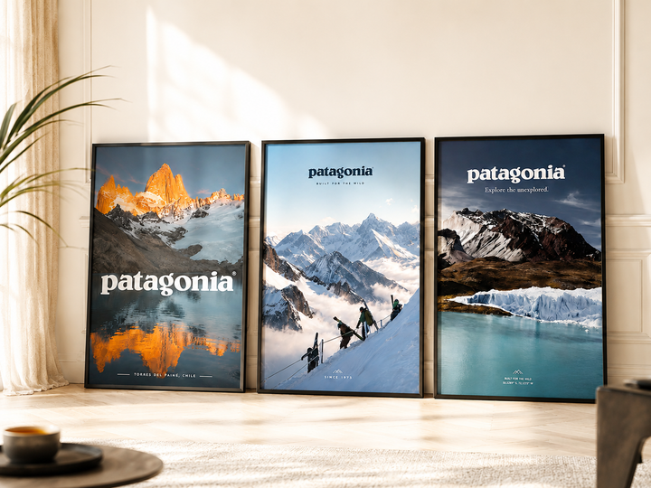 Set of 3 framed mountain prints with Patagonia logo, blue and orange landscapes