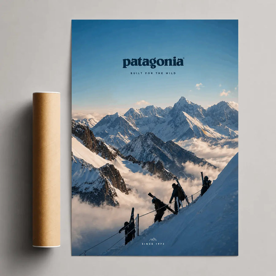 Blue alpine ski wall art poster with mountain peaks and patagonia logo