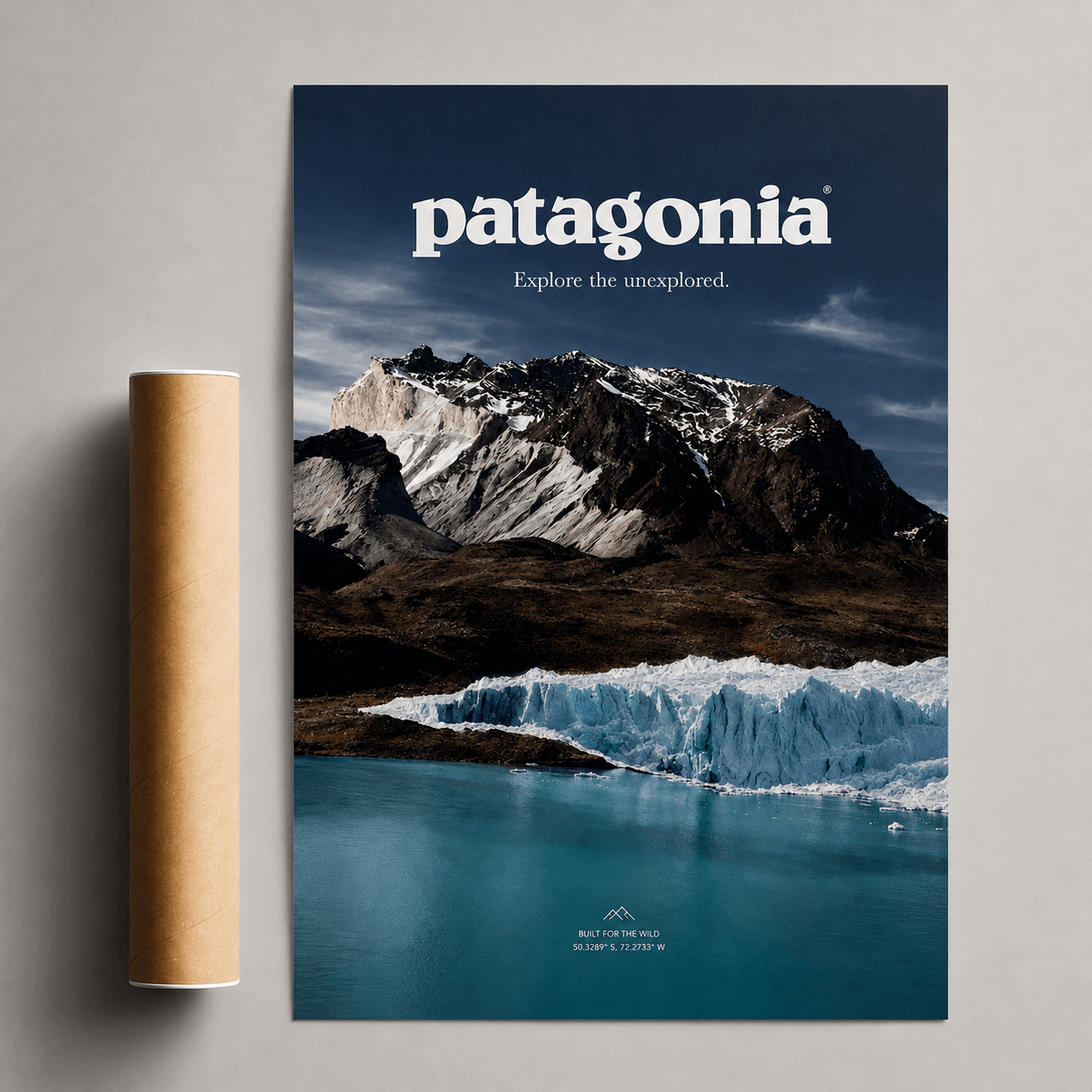 Glacier mountain wall poster with patagonia logo and blue ice landscape.