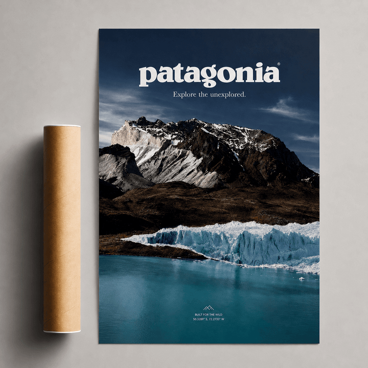Glacier mountain wall poster with patagonia logo and blue ice landscape.
