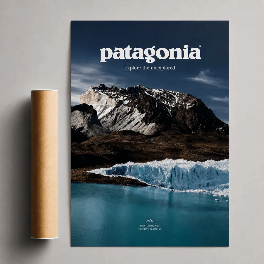 Glacier mountain wall poster with patagonia logo and blue ice landscape.