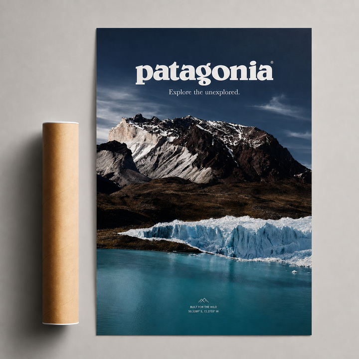 Patagonia glacier mountain wall art poster, unframed landscape with icebergs and peaks
