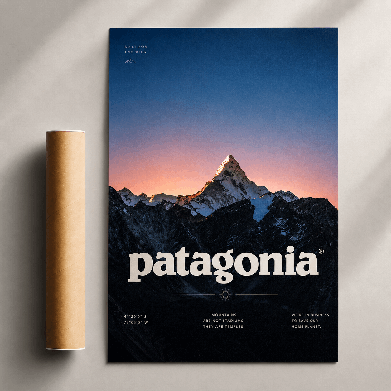 Patagonia mountain sunset wall art poster with logo and dark blue landscape