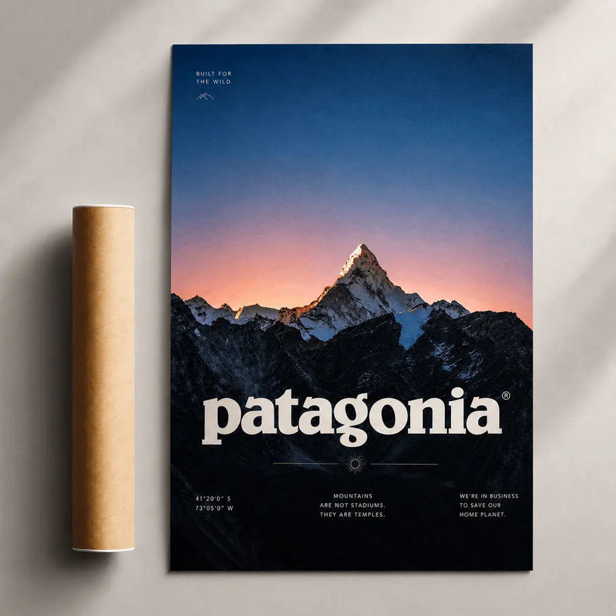 Patagonia mountain sunset wall art poster with logo and dark blue landscape