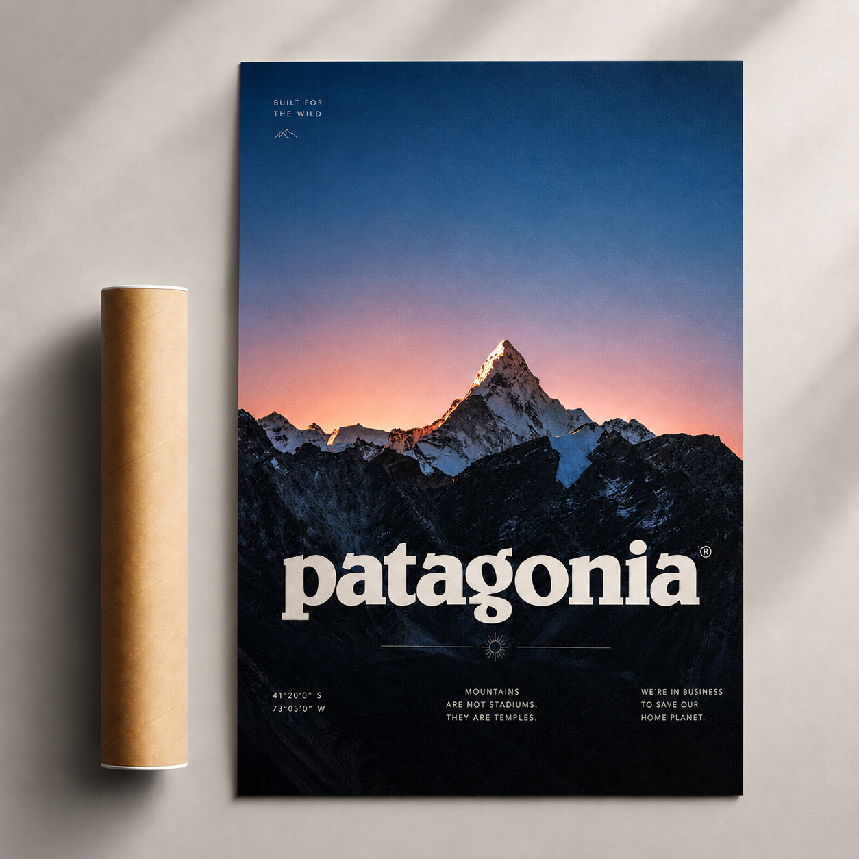 Patagonia sunset mountain poster with blue sky, pink horizon, and mountain silhouette