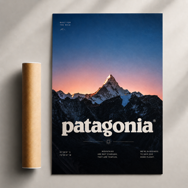 Patagonia sunset mountain poster with blue sky, pink horizon, and mountain silhouette