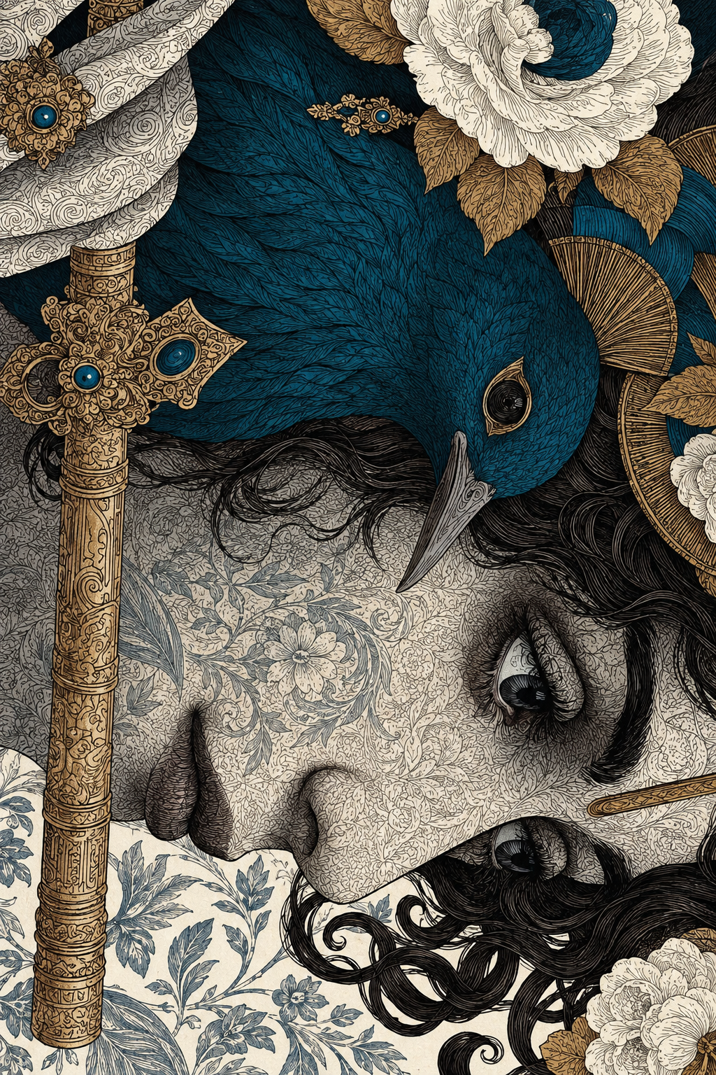 Peacock surreal portrait wall art poster with blue feathers and classical female face