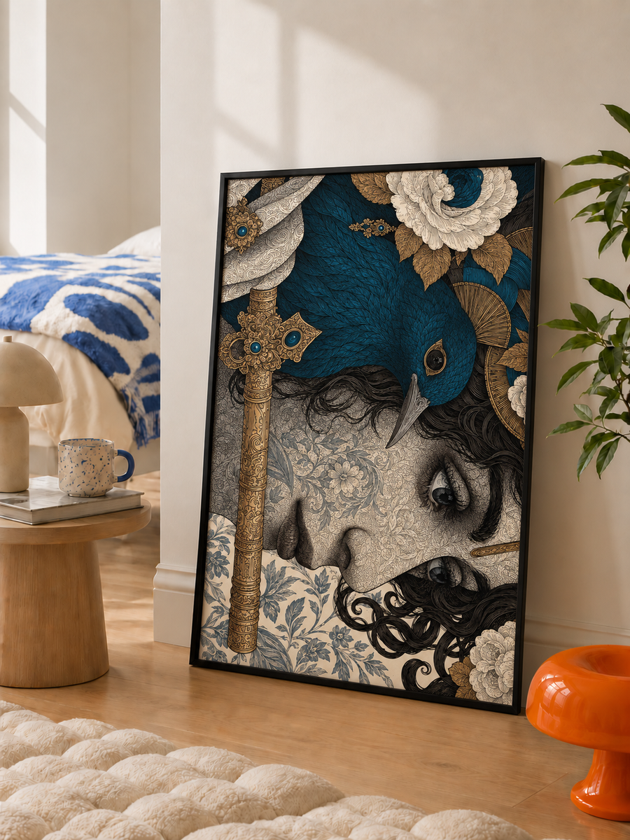 Peacock surreal portrait wall art displayed in an elegant modern living room