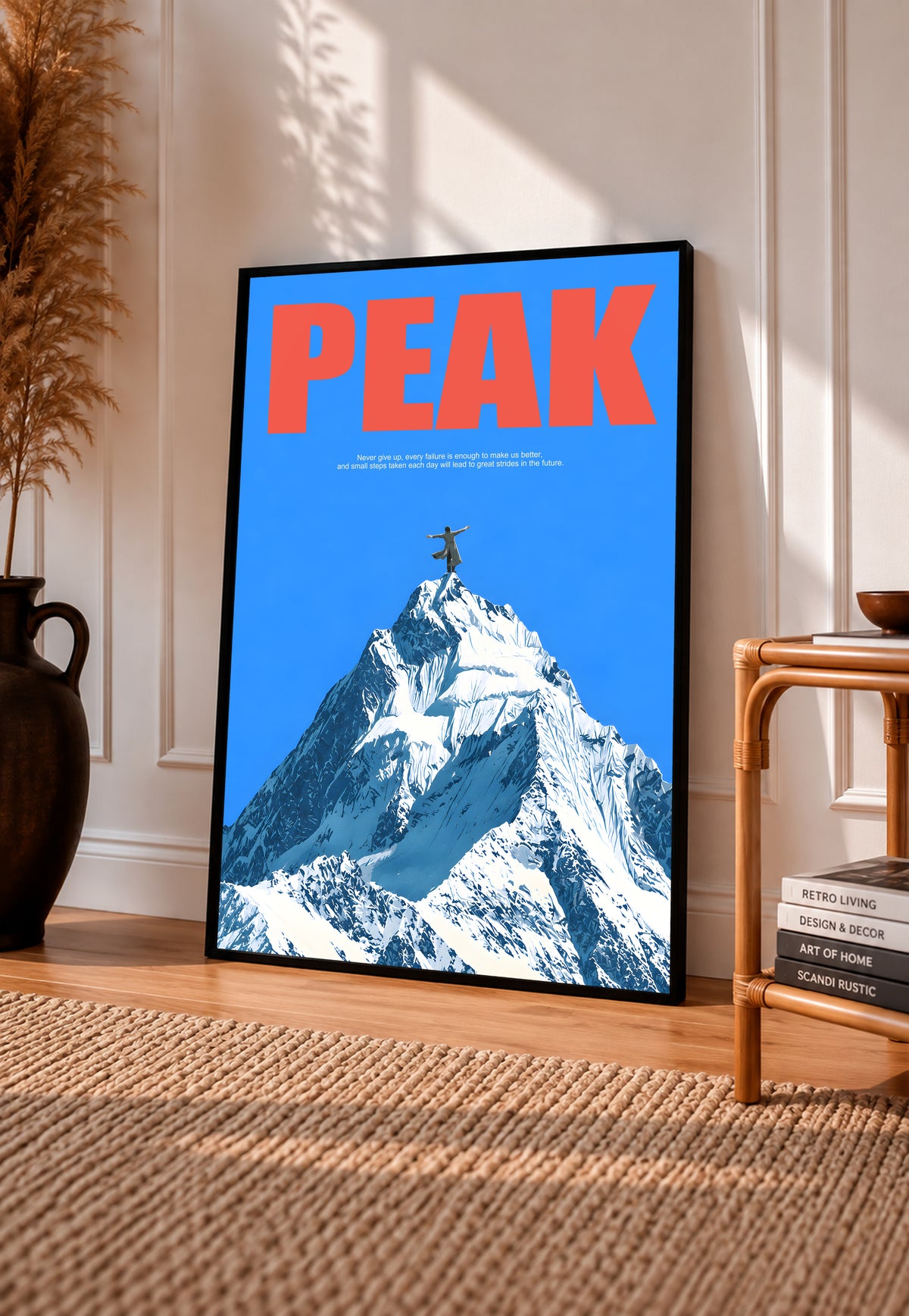 Black-framed Peak Mountain Climber poster showing red PEAK lettering and a snowy mountain peak