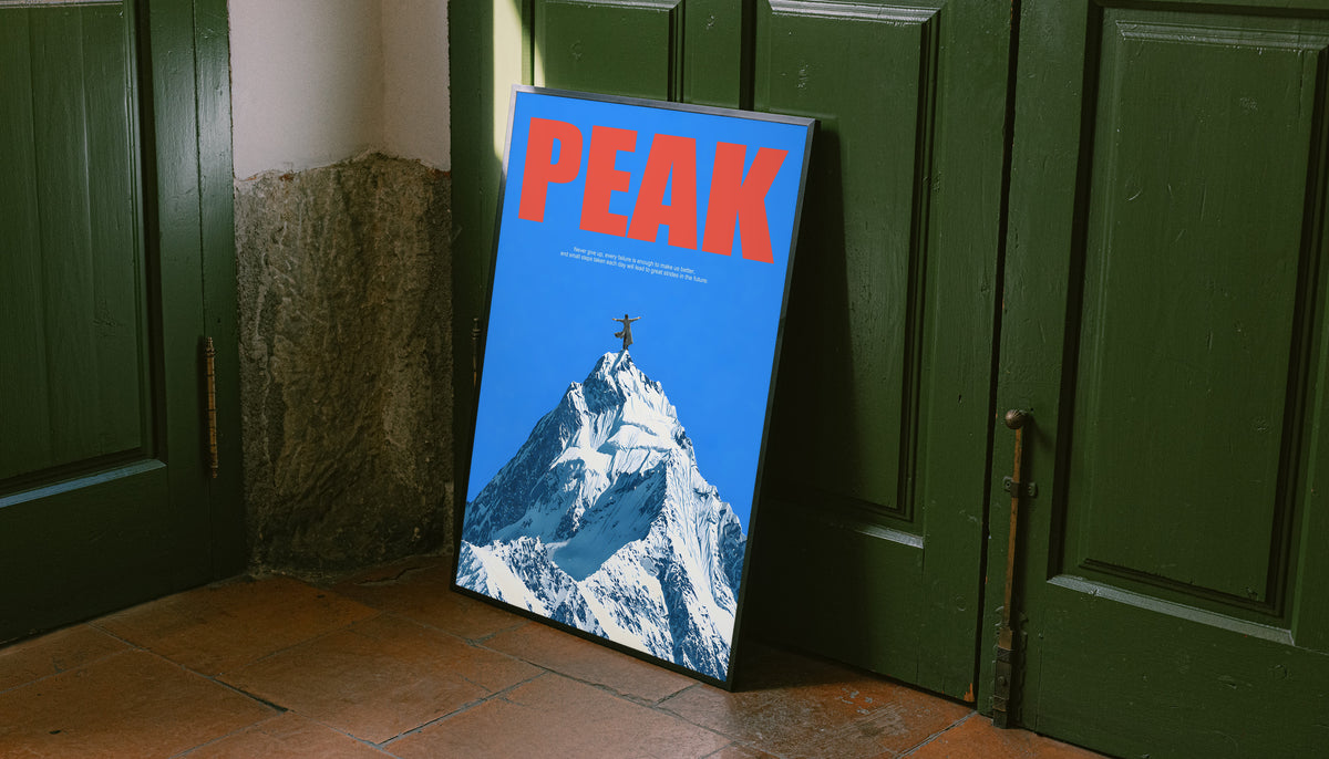 Unframed Peak Mountain Climber poster with red lettering and a climber on a snowy summit