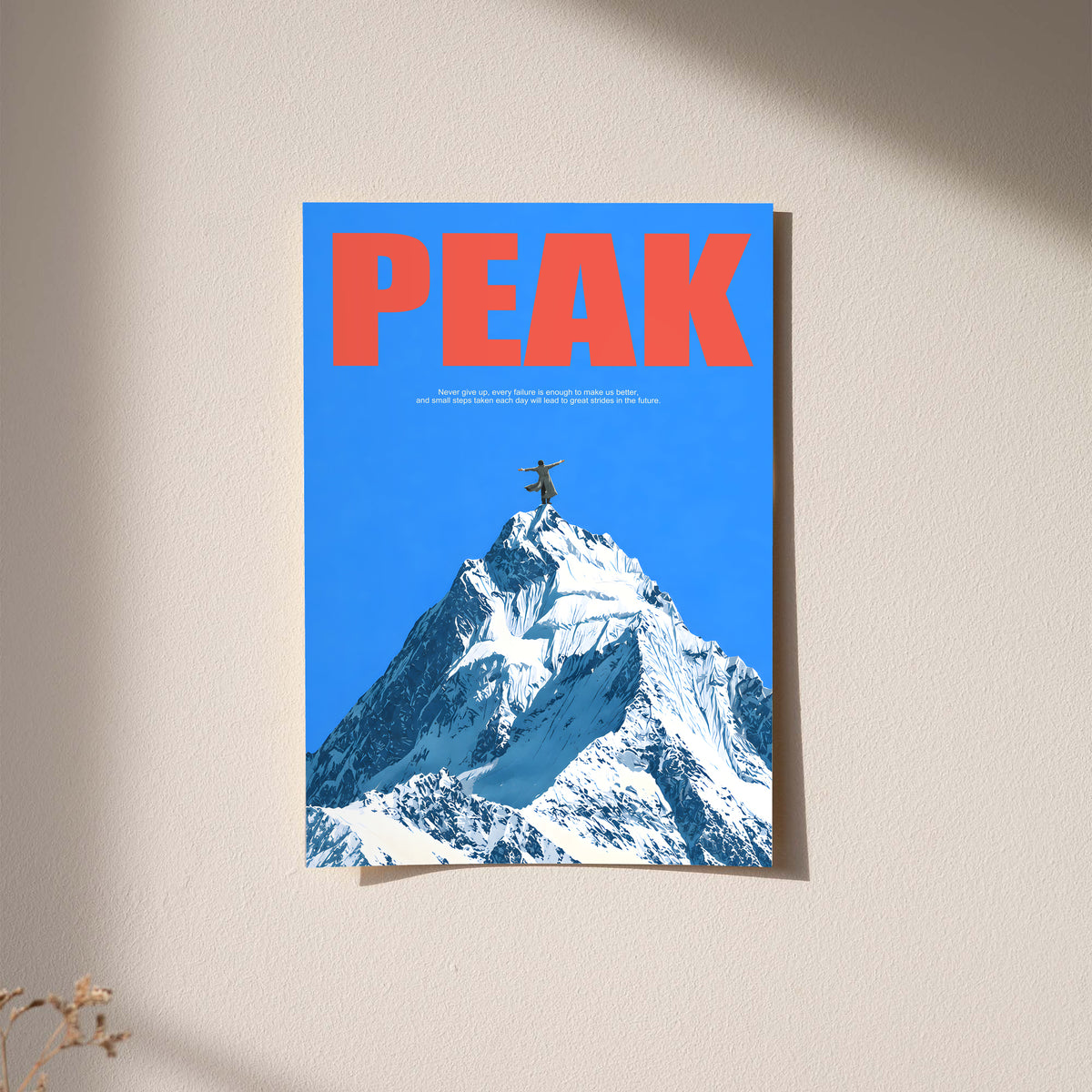 Peak Mountain Climber poster with red PEAK lettering and a climber atop a snowy mountain
