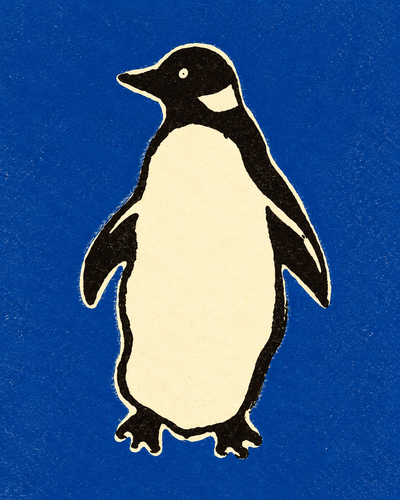 Close-up penguin print on blue background with white belly, black wings, gold outline