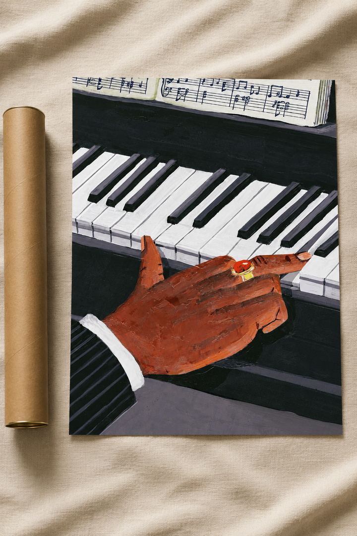 Piano hands wall art poster with piano keyboard and reddish hands illustration
