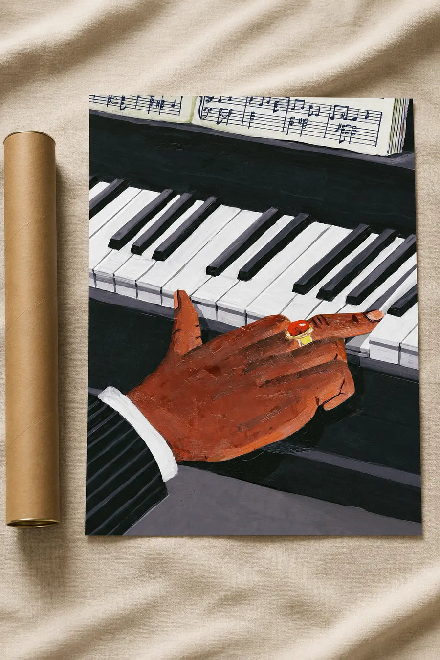 Piano hands wall art poster with piano keyboard and reddish hands illustration