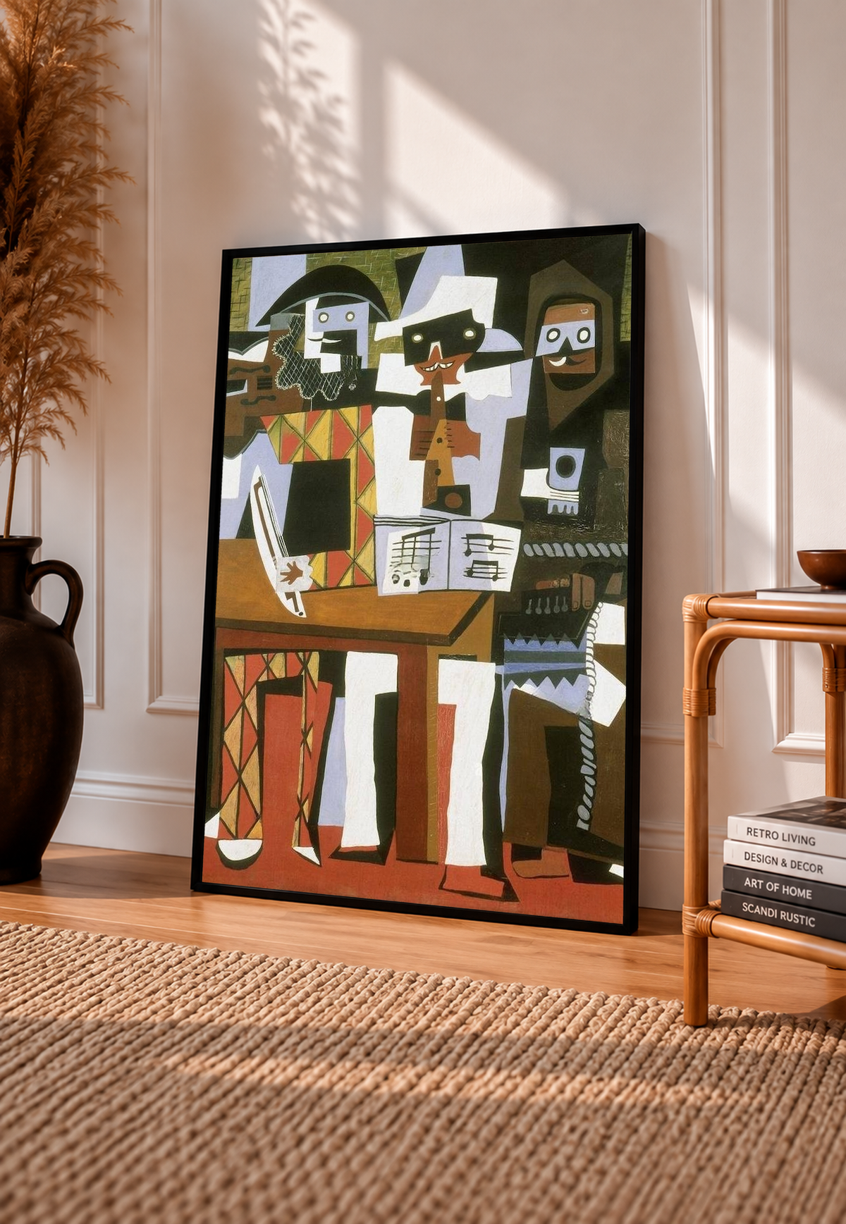 Picasso Three Musicians with angular masked figures, red diamonds and an accordion in a black frame leaning on a pale panelled wall beside a rattan chair
