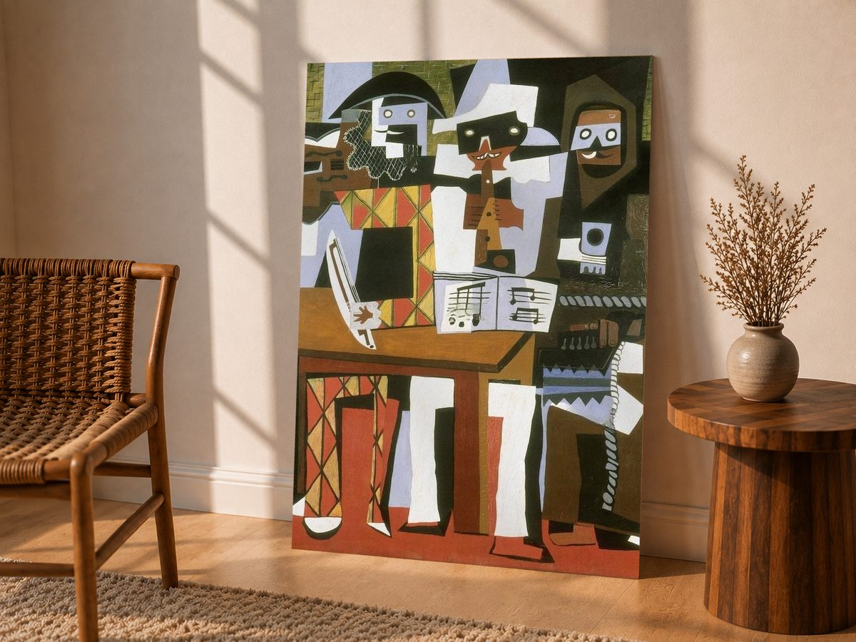 Picasso Three Musicians with angular masked figures, red diamonds and an accordion as an unframed display leaning beside a wicker chair and side table