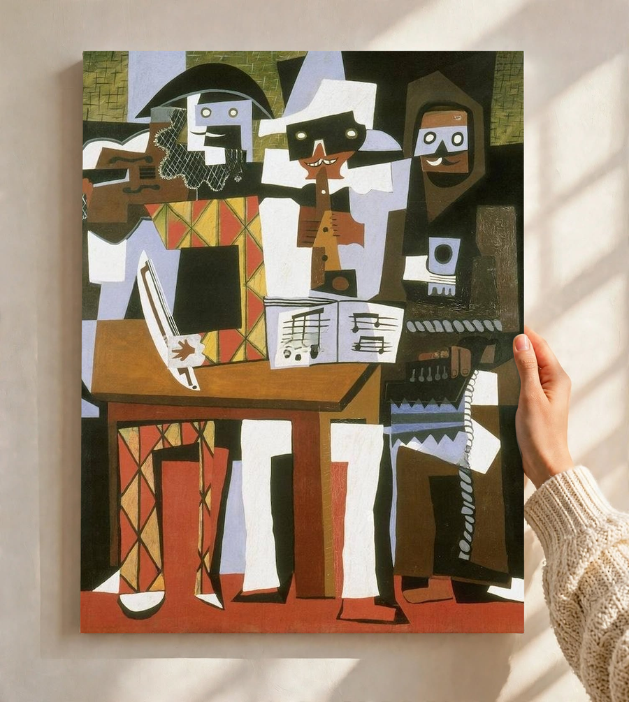 Color wall art print of three cubist musicians with instruments and geometric clothing