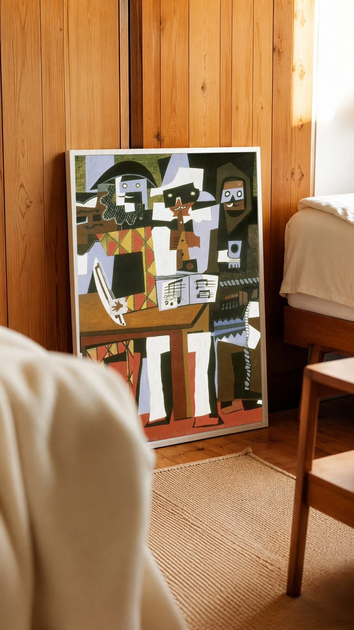 Picasso Three Musicians with angular masked figures, red diamonds and an accordion in a white frame in a wood-panelled bedroom