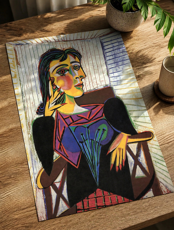 Angled Dora Maar portrait art print of a side-profile woman with a fan-like motif