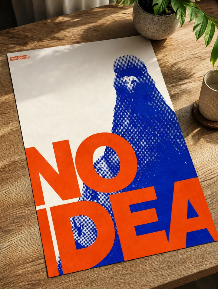 Blue pigeon pop art print with bold orange and white text reading 'NO IDEA'