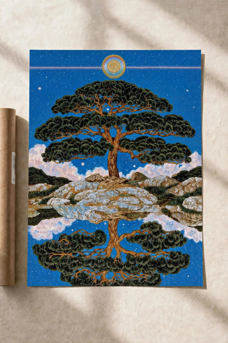 Celestial pine tree wall art poster with blue sky, detailed roots, and golden ring above