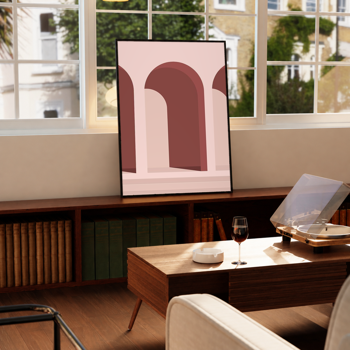 Framed wall art print with pink and terracotta arch geometry design
